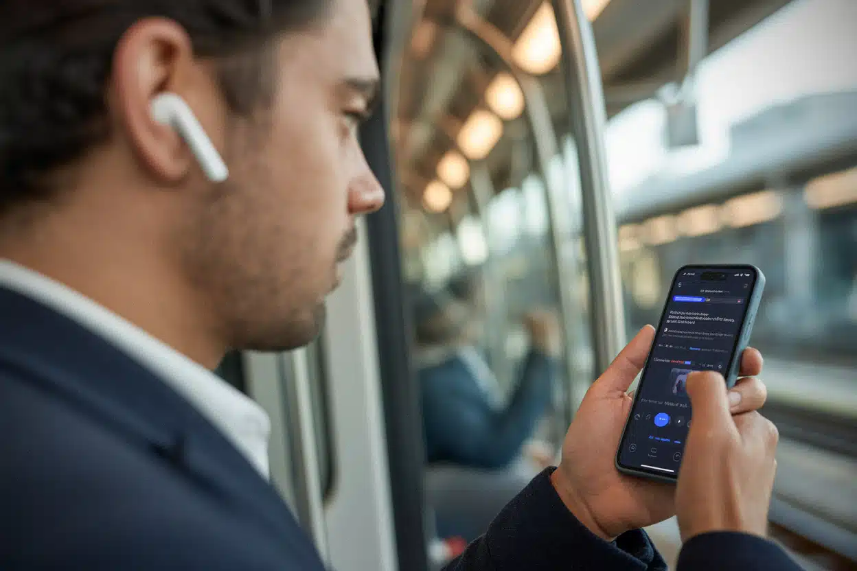 Auditeur écoutant un podcast tech sur smartphone en mobilité