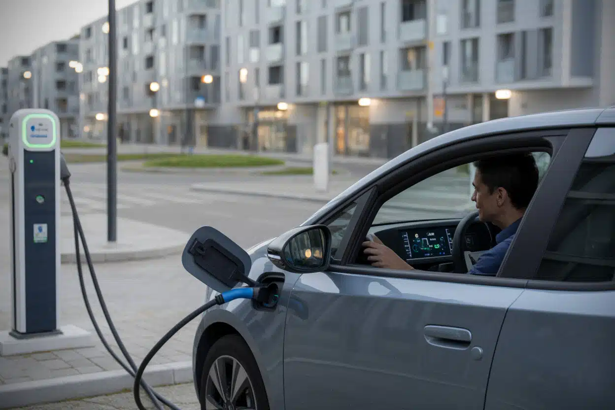 Citadine électrique Geely E2 en recharge rapide dans un quartier moderne