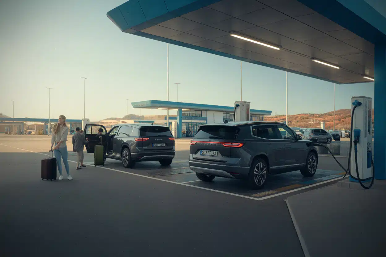 SUV électriques et station hydrogène sur aire d’autoroute moderne