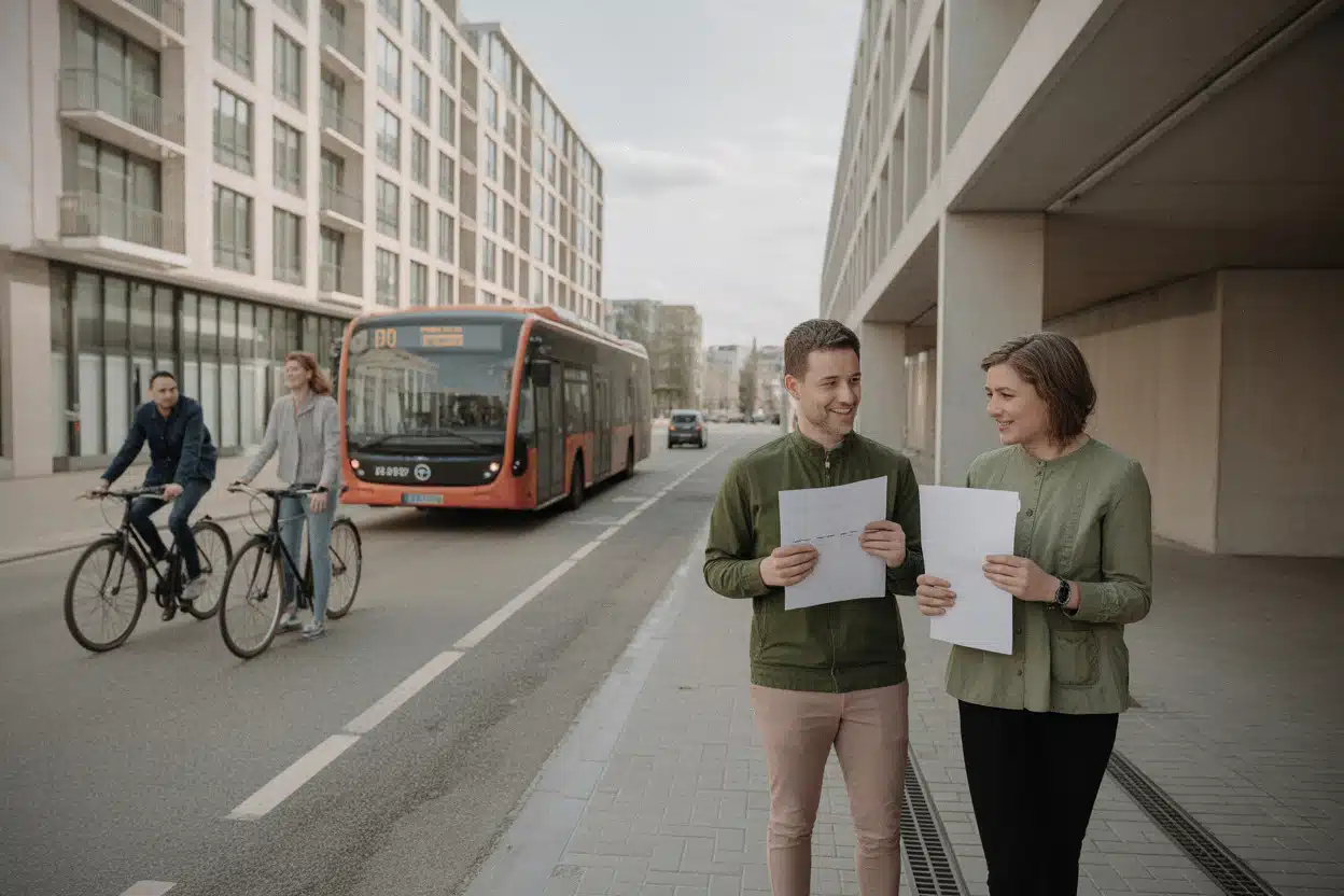 Bus électrique et techniciens installant une pompe à chaleur en Belgique