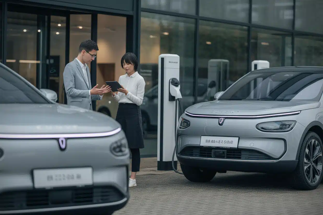 Livraison de voitures électriques chinoises dans une concession européenne