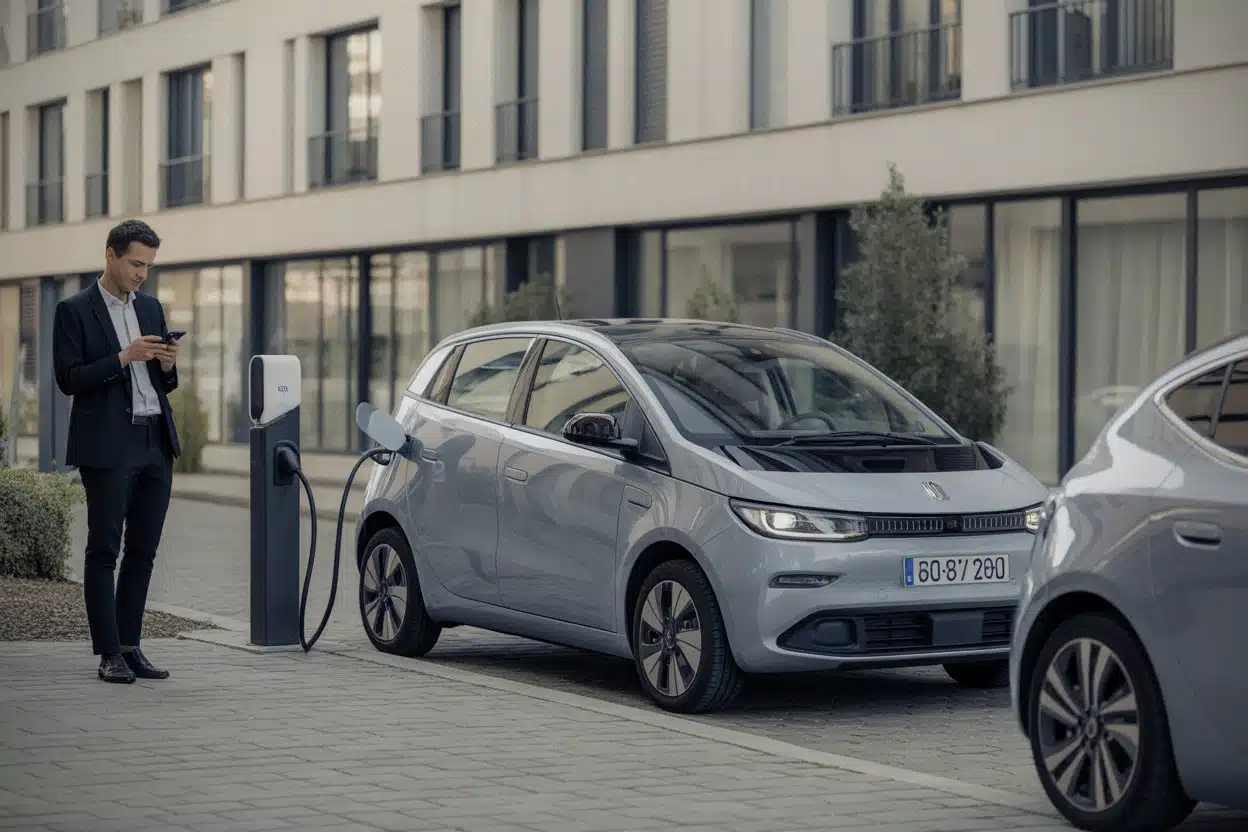 Voiture électrique d’occasion en recharge dans un quartier urbain