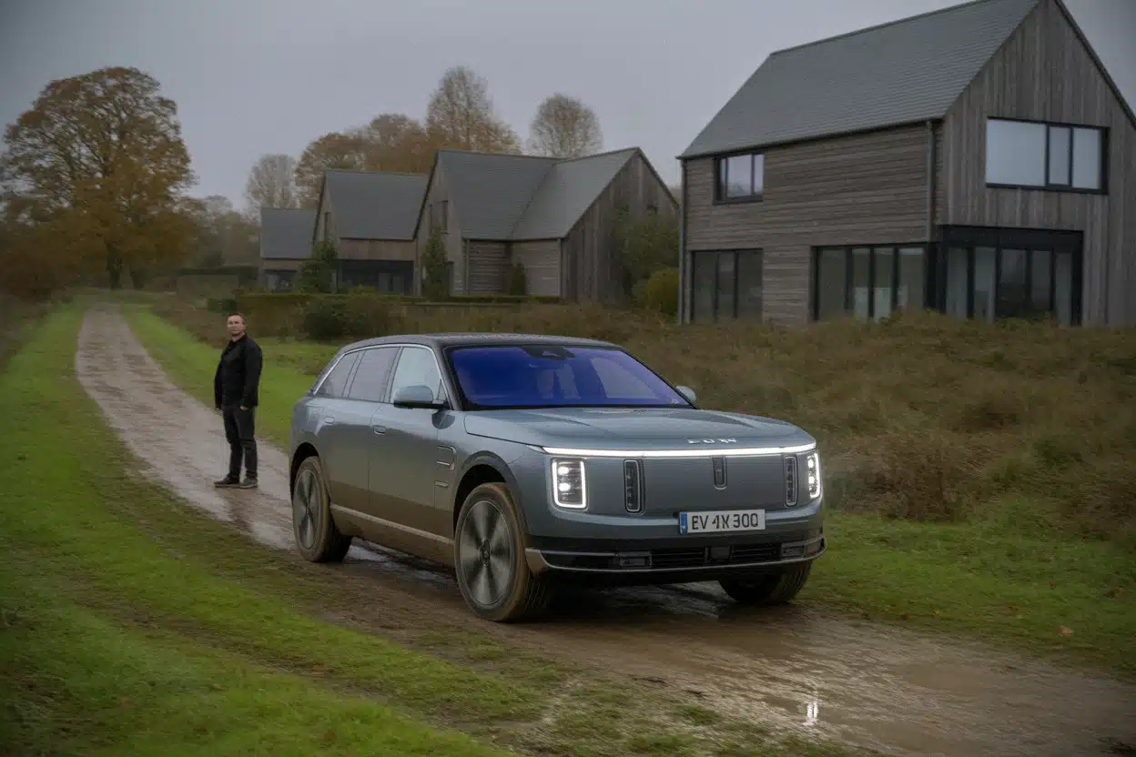 SUV électrique de luxe sur piste boueuse en essai dynamique