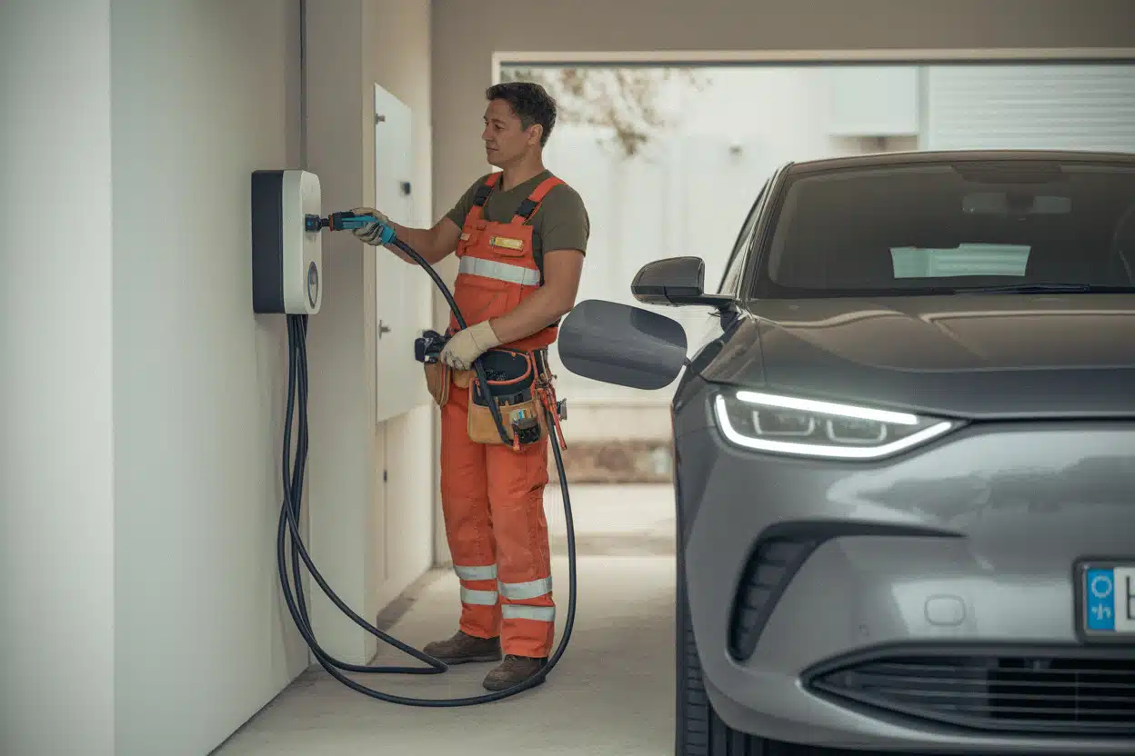 Installateur IRVE posant une borne de recharge dans un garage
