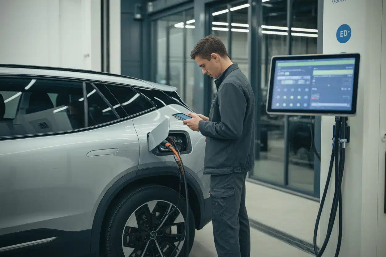 Diagnostic batterie sur SUV électrique premium en atelier moderne