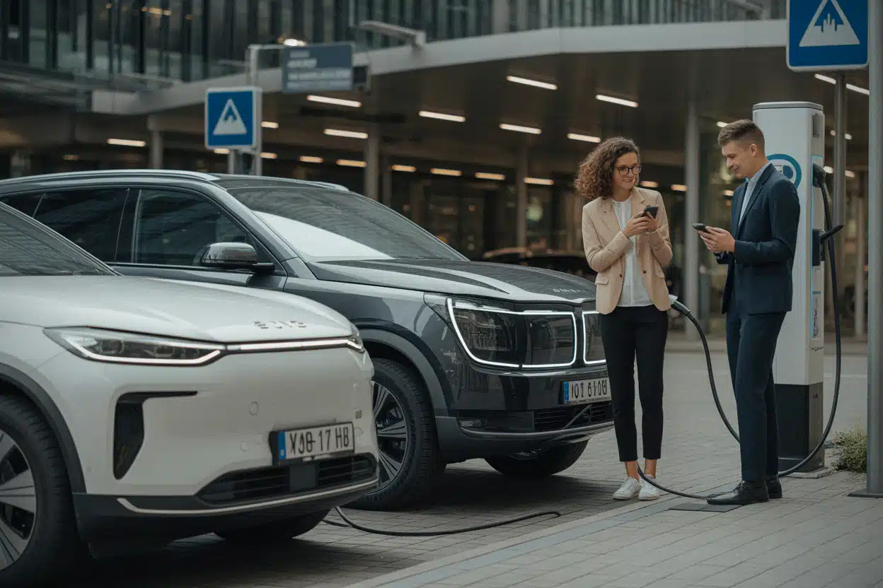 Voitures électriques modernes comparées près de bornes de recharge