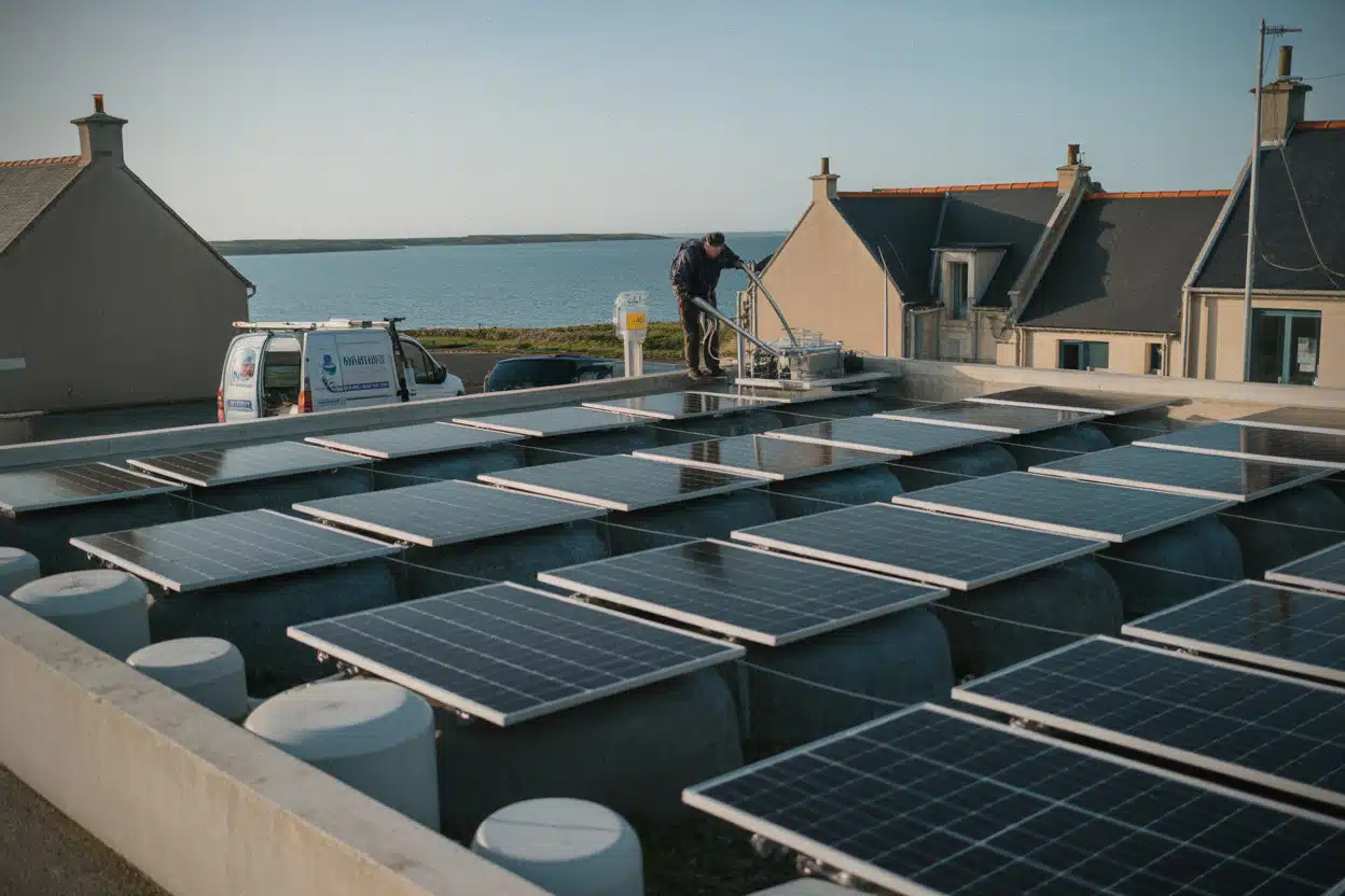 Panneaux solaires installés sur l’usine d’eau potable de Houat