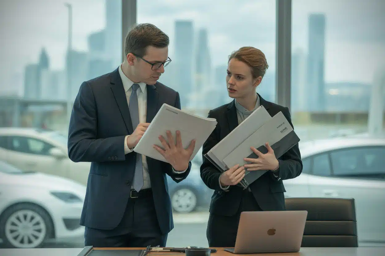 Avocats examinant les pièces du litige entre Apple et OpenAI