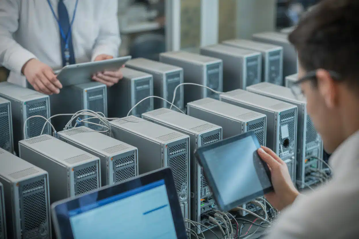 Mac mini alignés dans un laboratoire de recherche en intelligence artificielle
