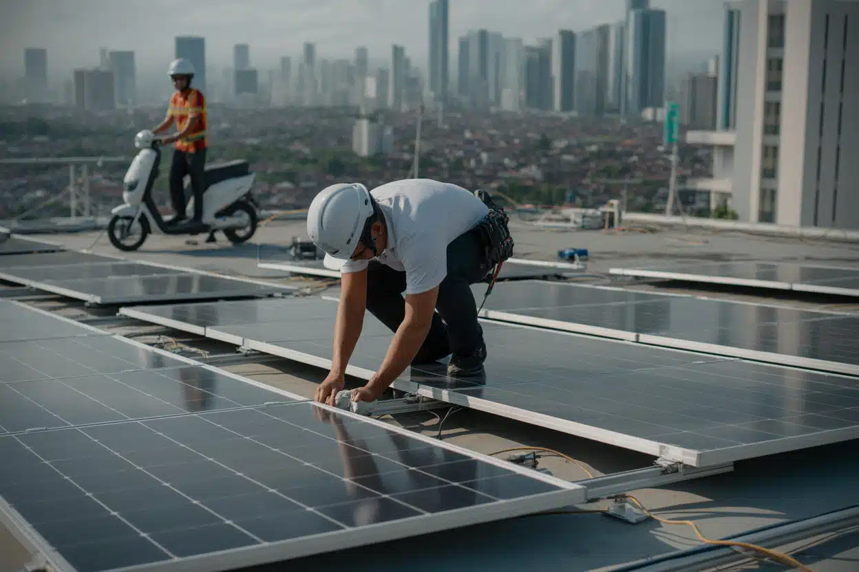 Installation solaire sur un toit urbain en Indonésie