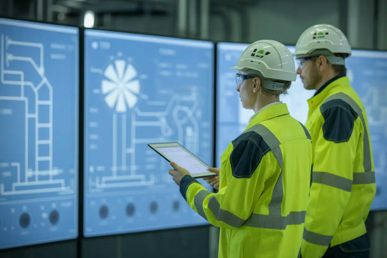 Ingénieurs suivant un arrêt technique sur circuit secondaire industriel