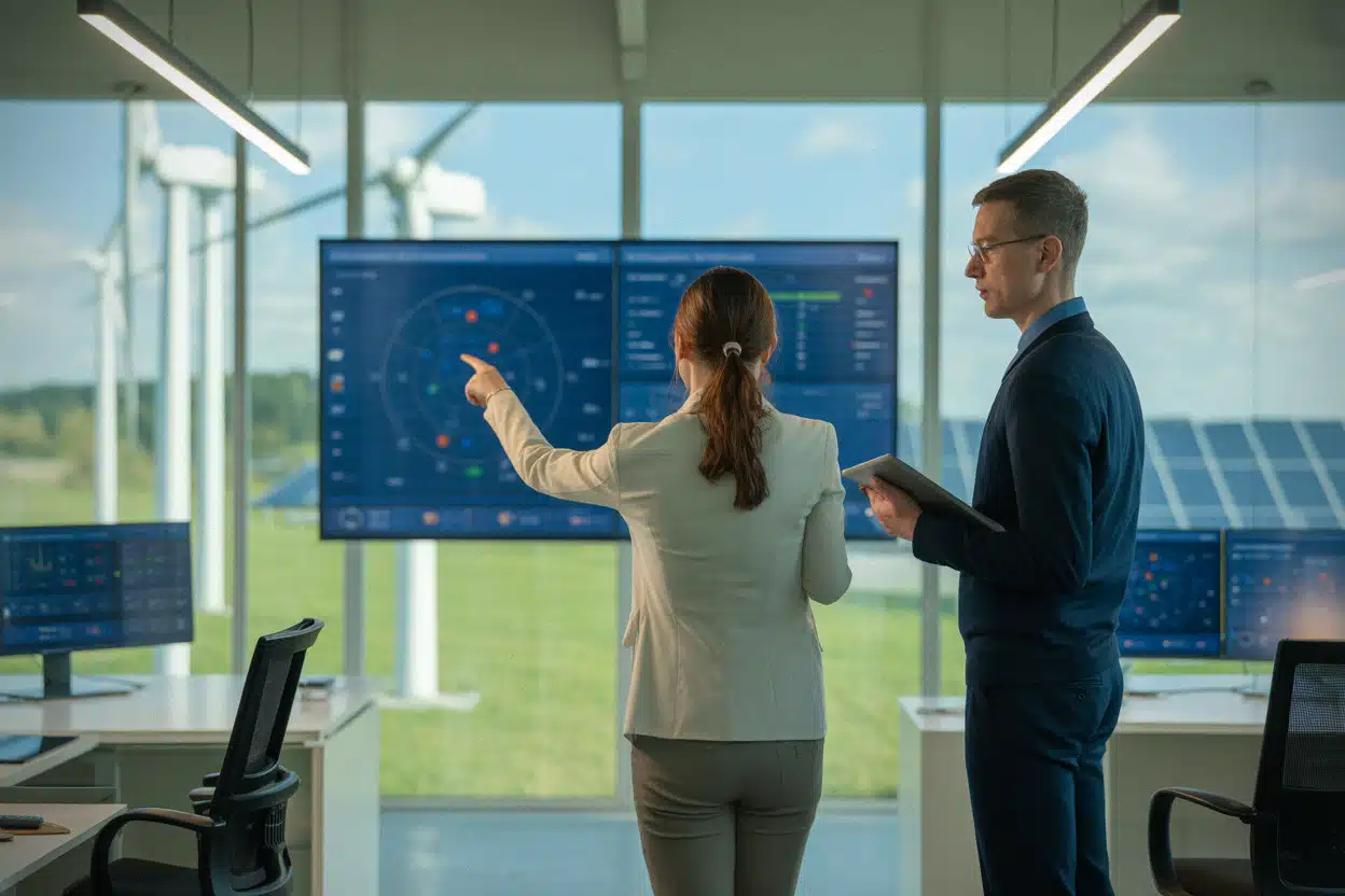Ingénieurs belges suivant la production renouvelable dans une salle moderne
